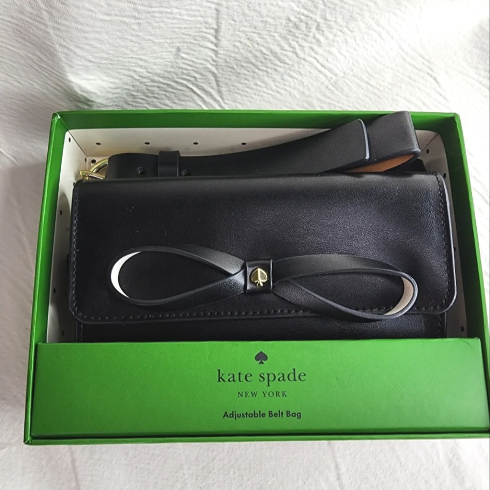 Kate Spade Adjustable Belt Bag Black Genuine Leather Bow Front Size S/M NEW